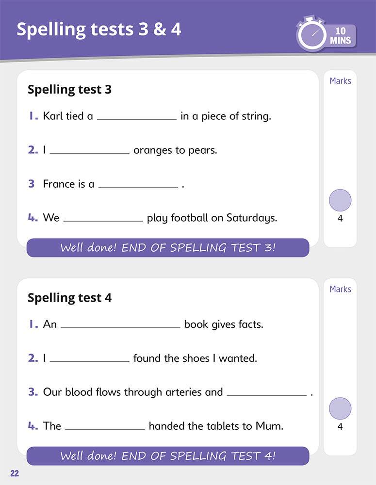 Two short spelling tests with four questions each, designed for 10-minute practice sessions