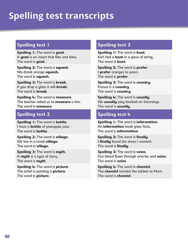 Four short reading passages, each containing a target spelling word in context, to help children learn the words