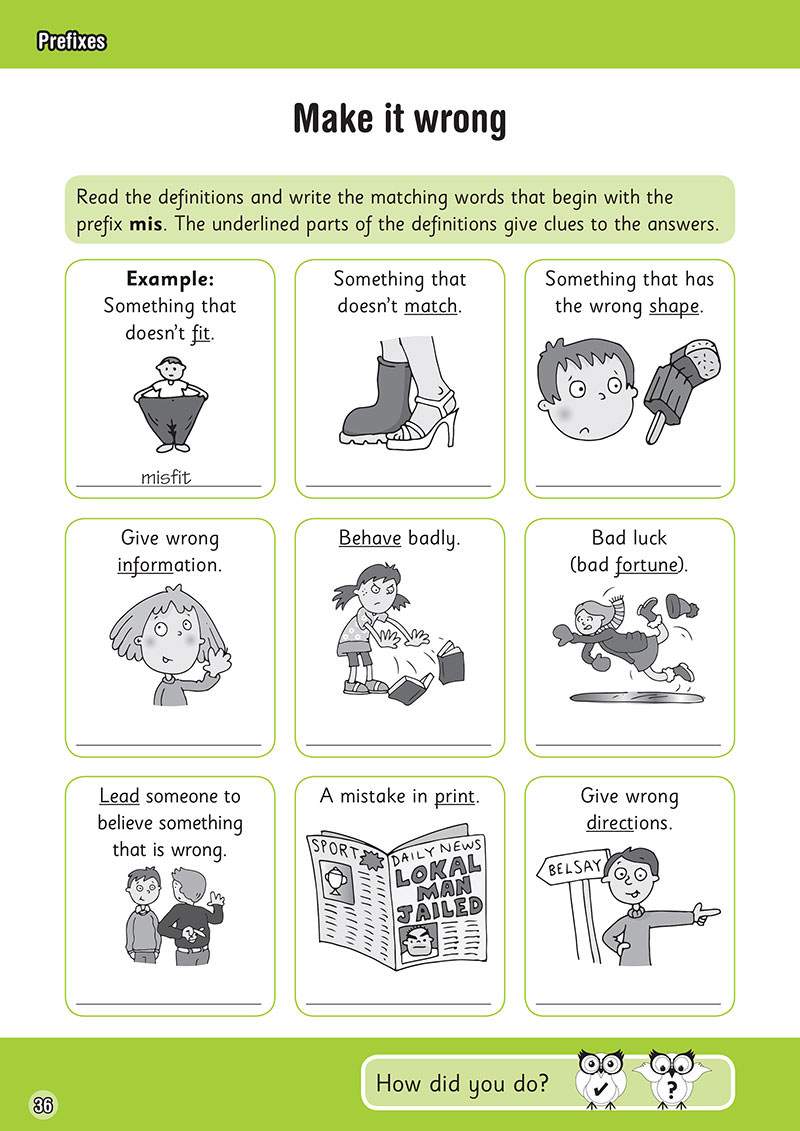 Children match definitions and pictures to write words beginning with the prefix mis, using underlined clues to guide them