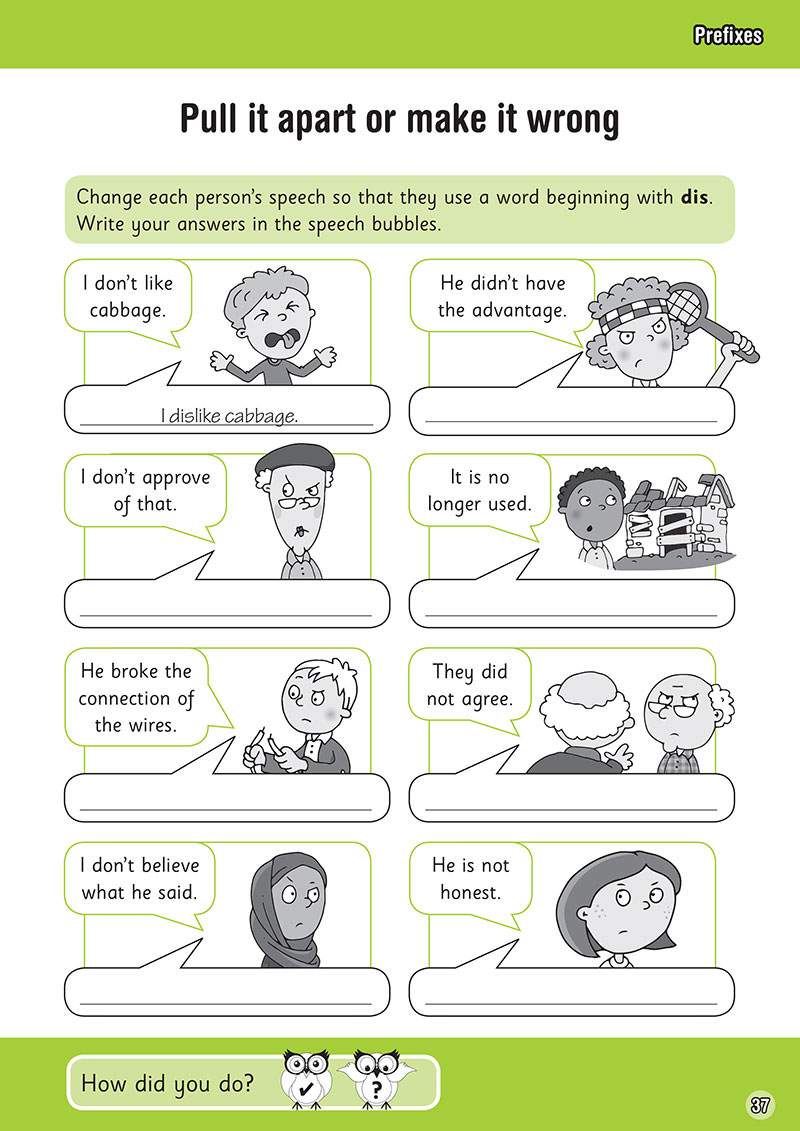 Children rewrite sentences using the prefix 'dis-' in speech bubbles, then tick a face to self-assess