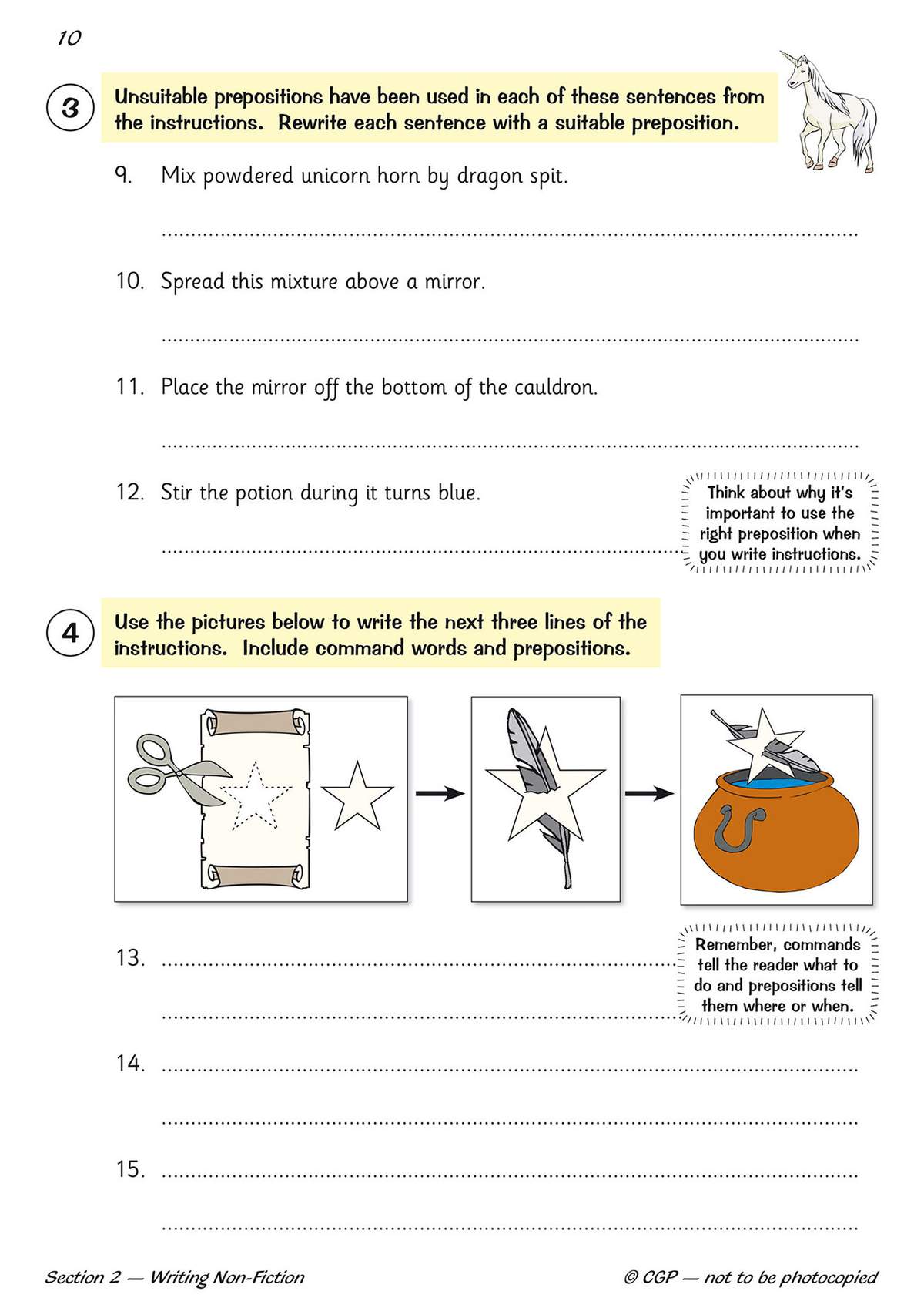 Children rewrite sentences with correct prepositions and write three lines of instructions based on pictures of potion-making