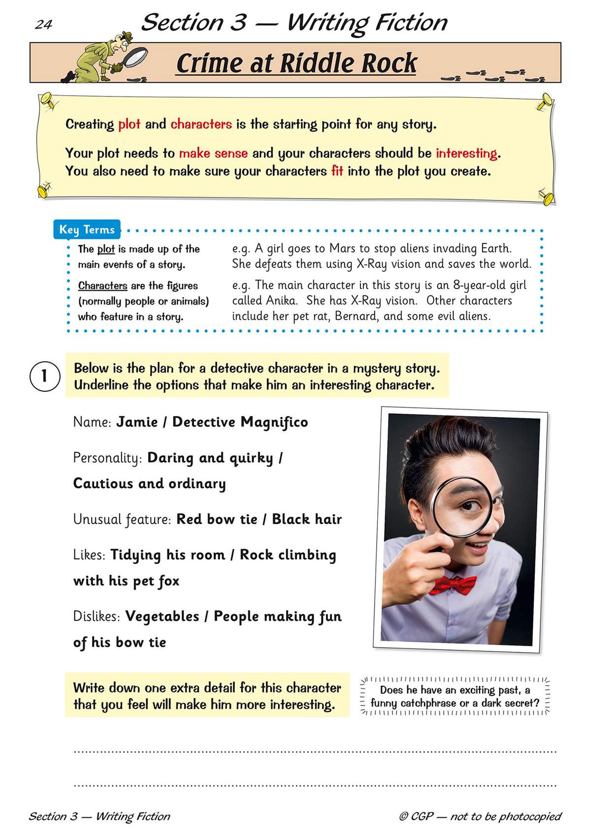 Children circle character traits to build a detective, then write an extra detail to make him more interesting