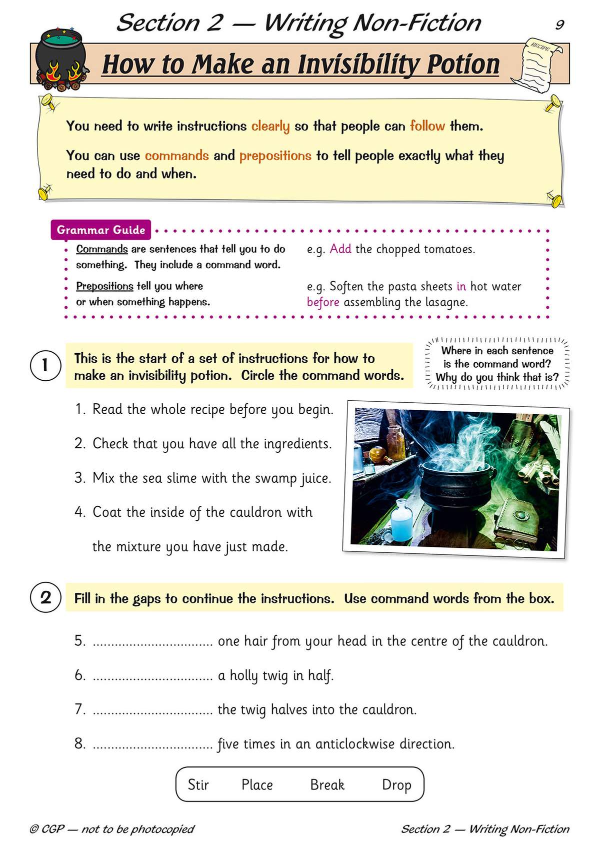 Children circle command words in a potion recipe, then fill in gaps using a word box to continue the instructions