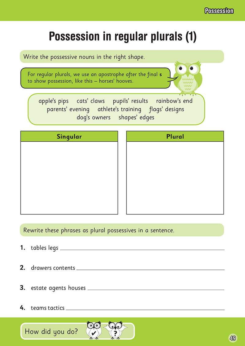Children sort possessive nouns into singular and plural columns, then write full sentences using plural possessives