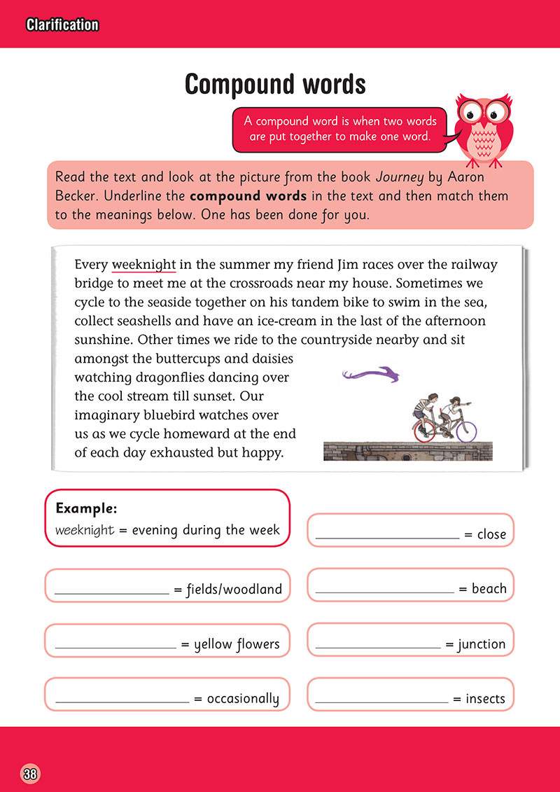 Children read a short story about cycling and underline compound words, then match them to definitions