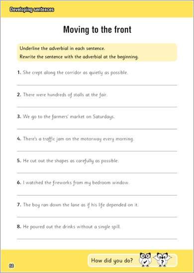Children underline adverbials in eight sentences, then rewrite them to start with the adverbial
