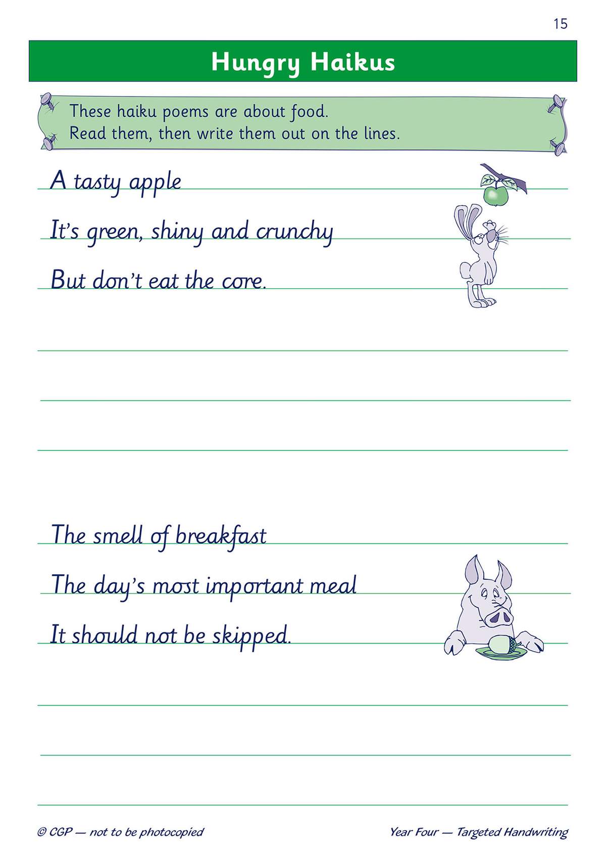 Children copy two short haikus about food onto lined paper, with cartoon animals to make it fun