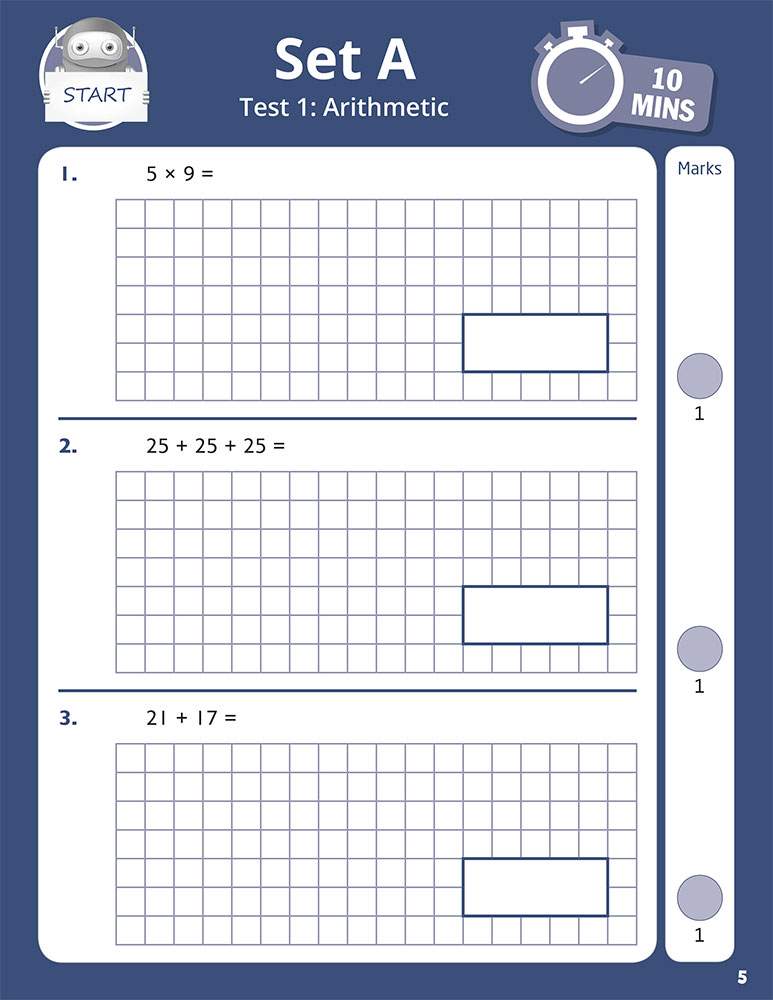 Three timed arithmetic questions on multiplication, repeated addition and column addition, each with a grid for working out