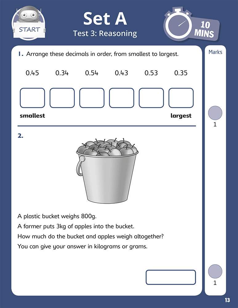 Children order six decimals from smallest to largest, then add the weight of a bucket and apples to find the total mass