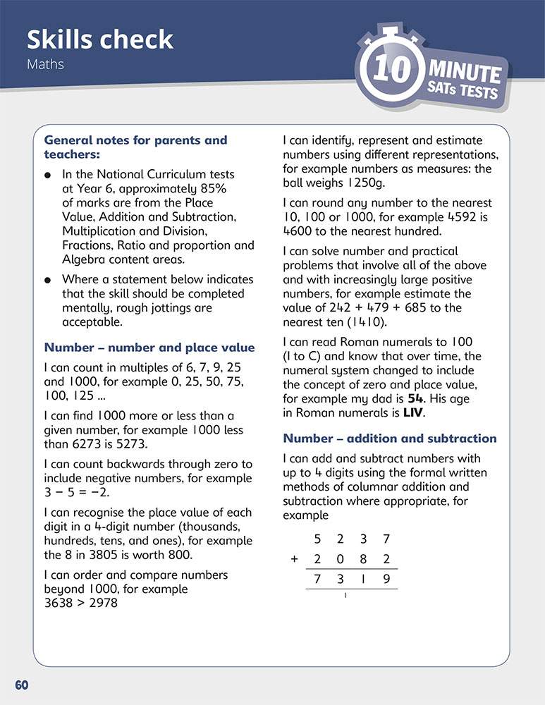 A skills checklist for Year 6 Maths, listing key topics like place value, fractions and algebra with worked examples