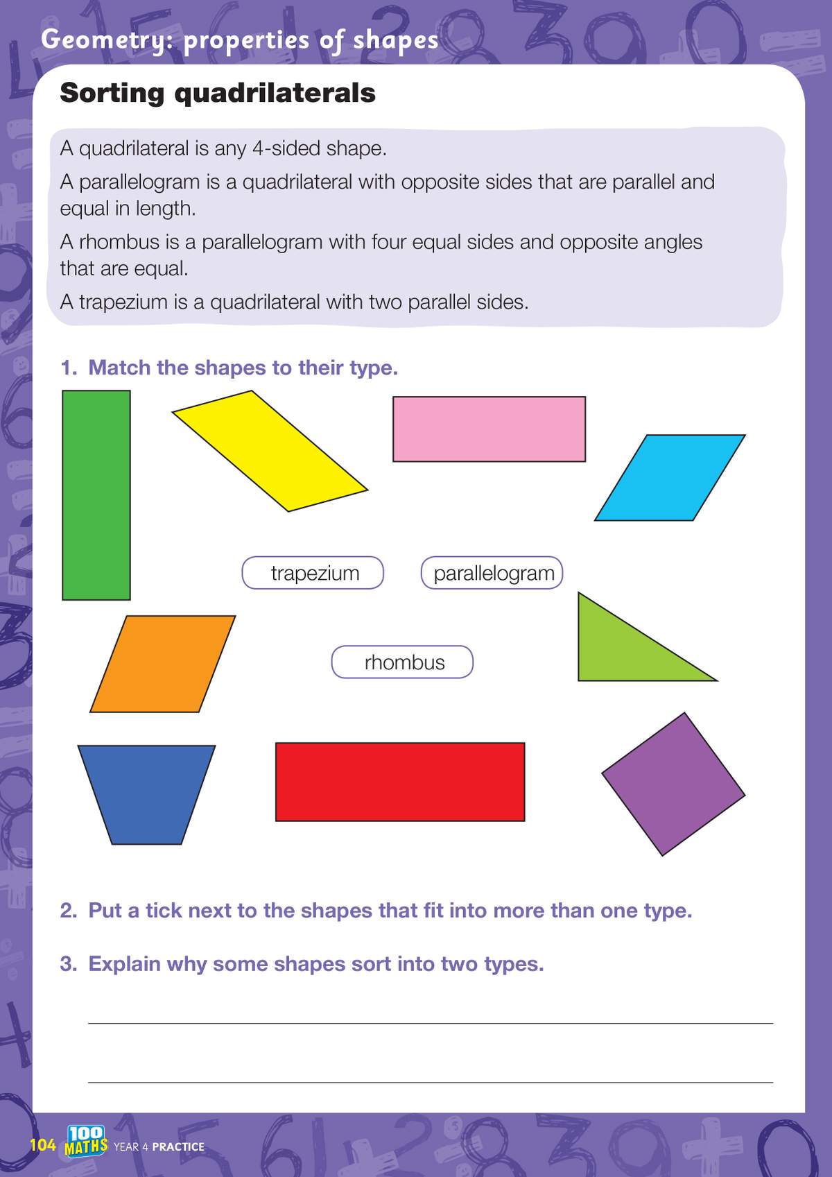 Children match shapes to types, tick those with multiple properties, and explain why some shapes fit more than one category