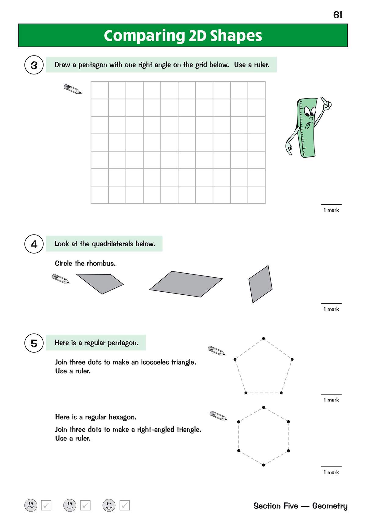 Children draw a pentagon on a grid, circle a rhombus, and join dots to make triangles, practising geometry skills