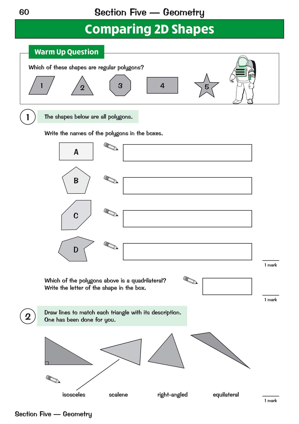 Children identify regular polygons, name shapes, and match triangles to their descriptions