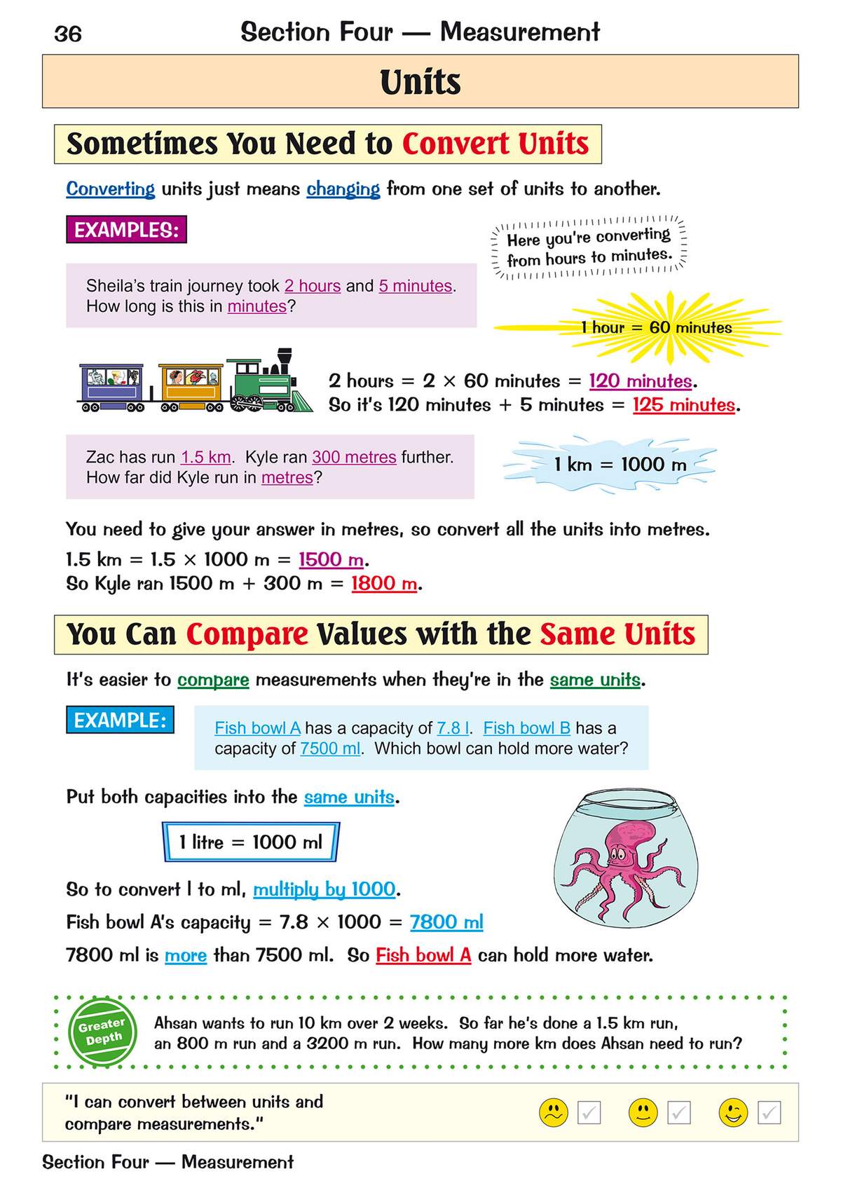 Step-by-step examples on converting time and distance units, with a train and fish bowl to illustrate the concepts