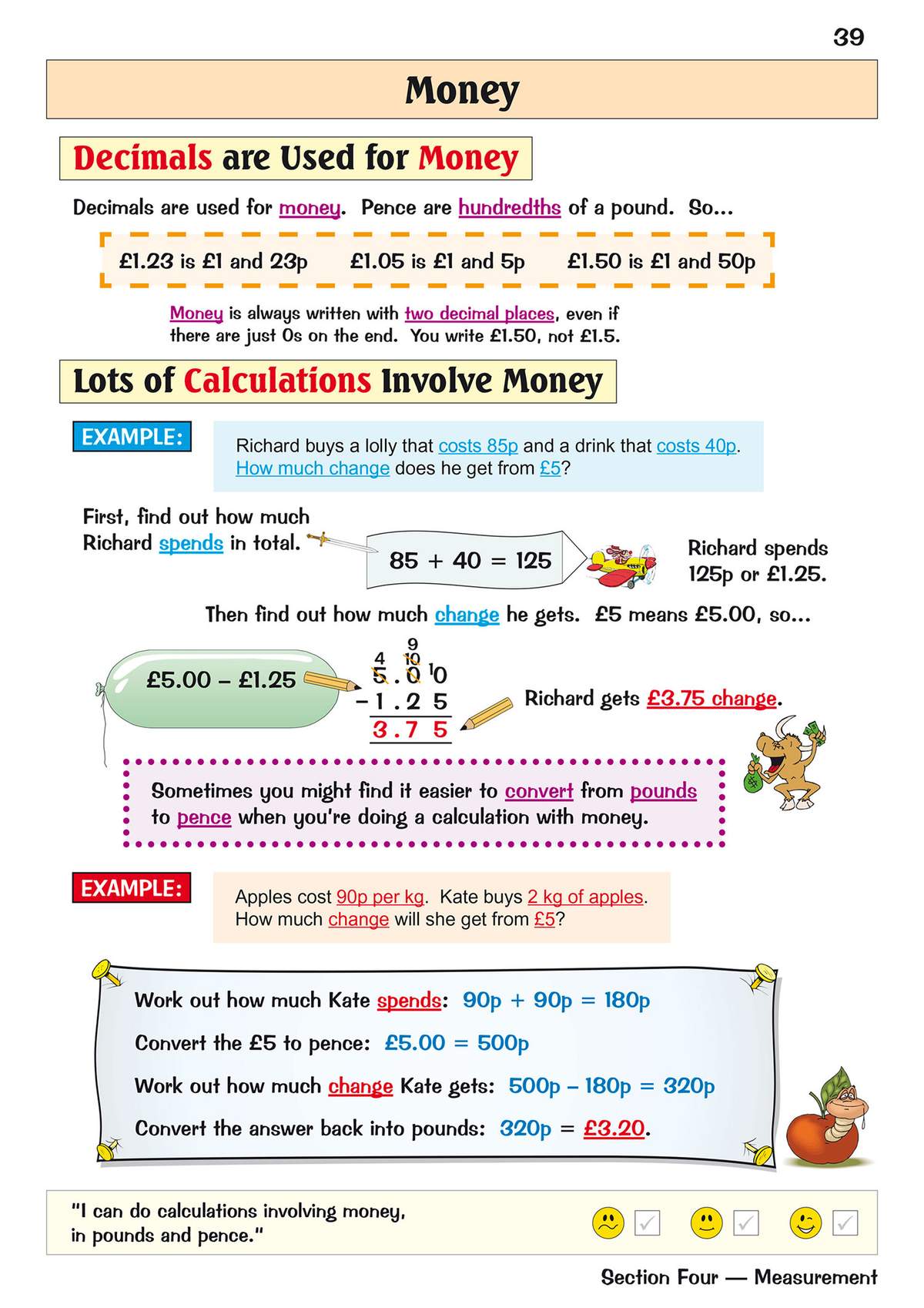 Step-by-step worked examples show how to calculate change and convert pounds to pence using money problems