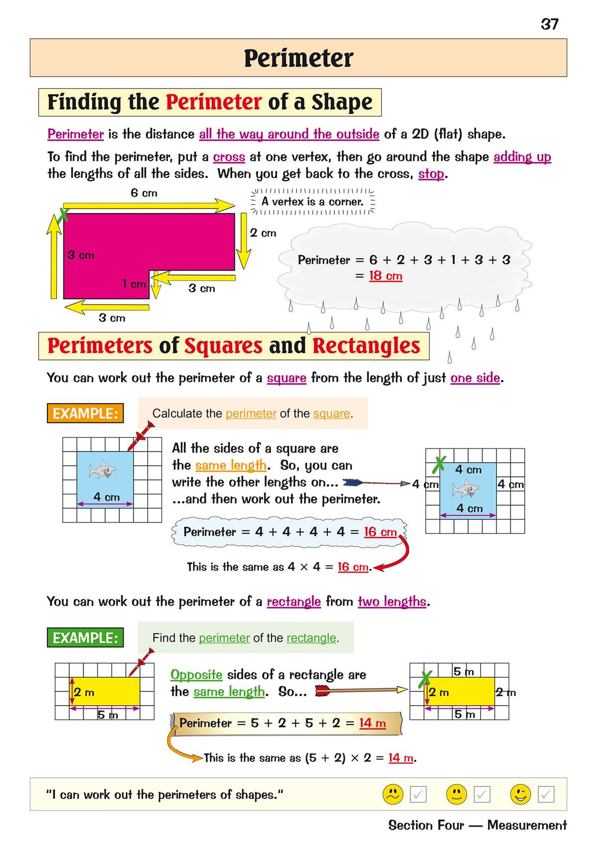 Clear explanations and worked examples on finding the perimeter of irregular shapes, squares and rectangles