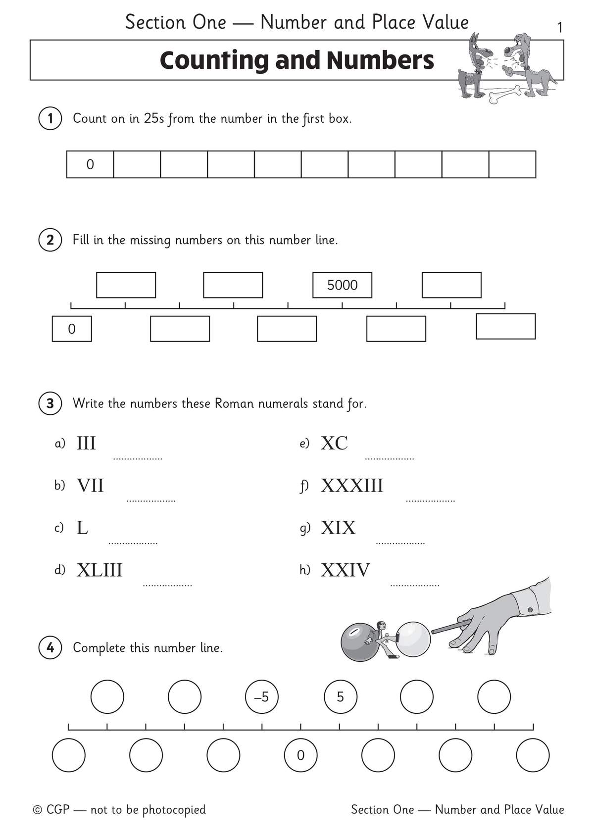 Children count in 25s, fill missing numbers on a number line, convert Roman numerals