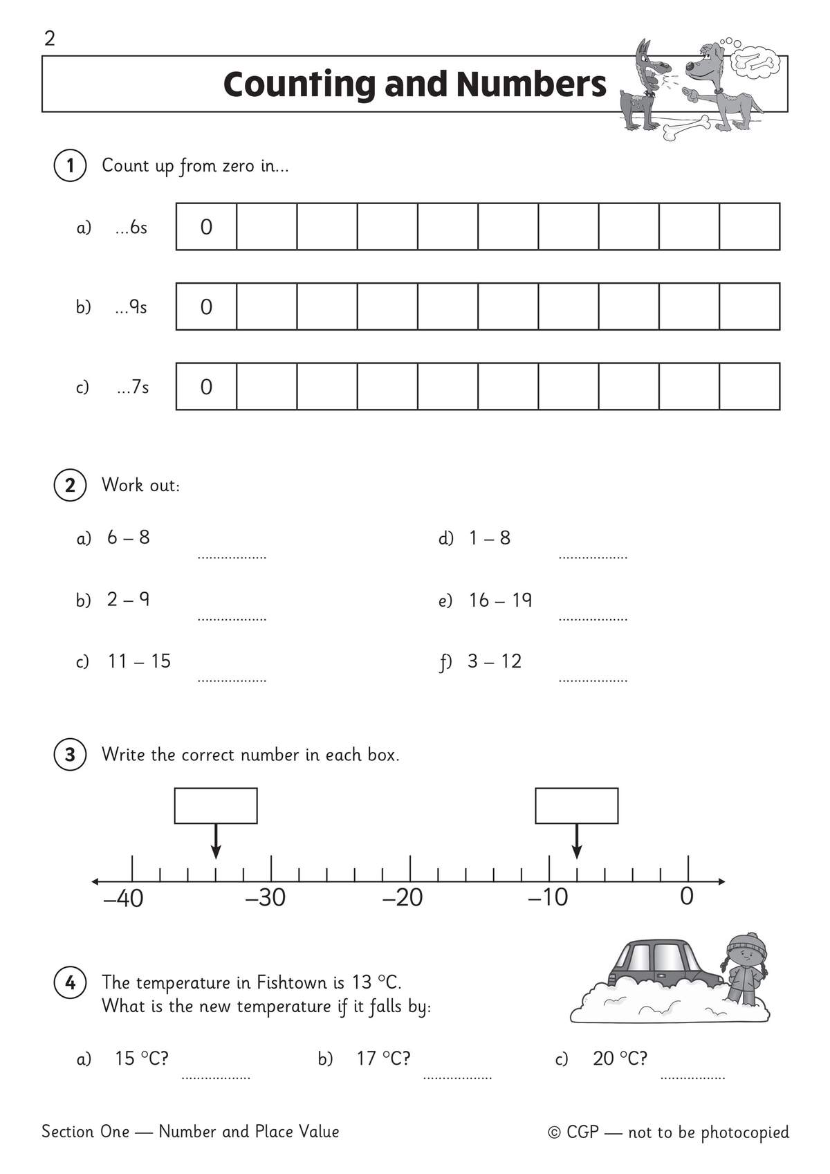 Children count in steps, subtract numbers, and read a number line to find missing values