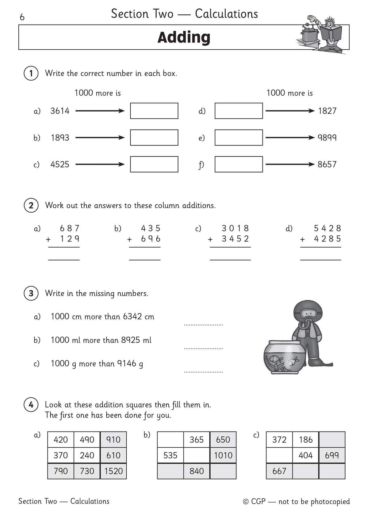 Children add 1000 to numbers, complete column additions, and fill in missing values in addition squares
