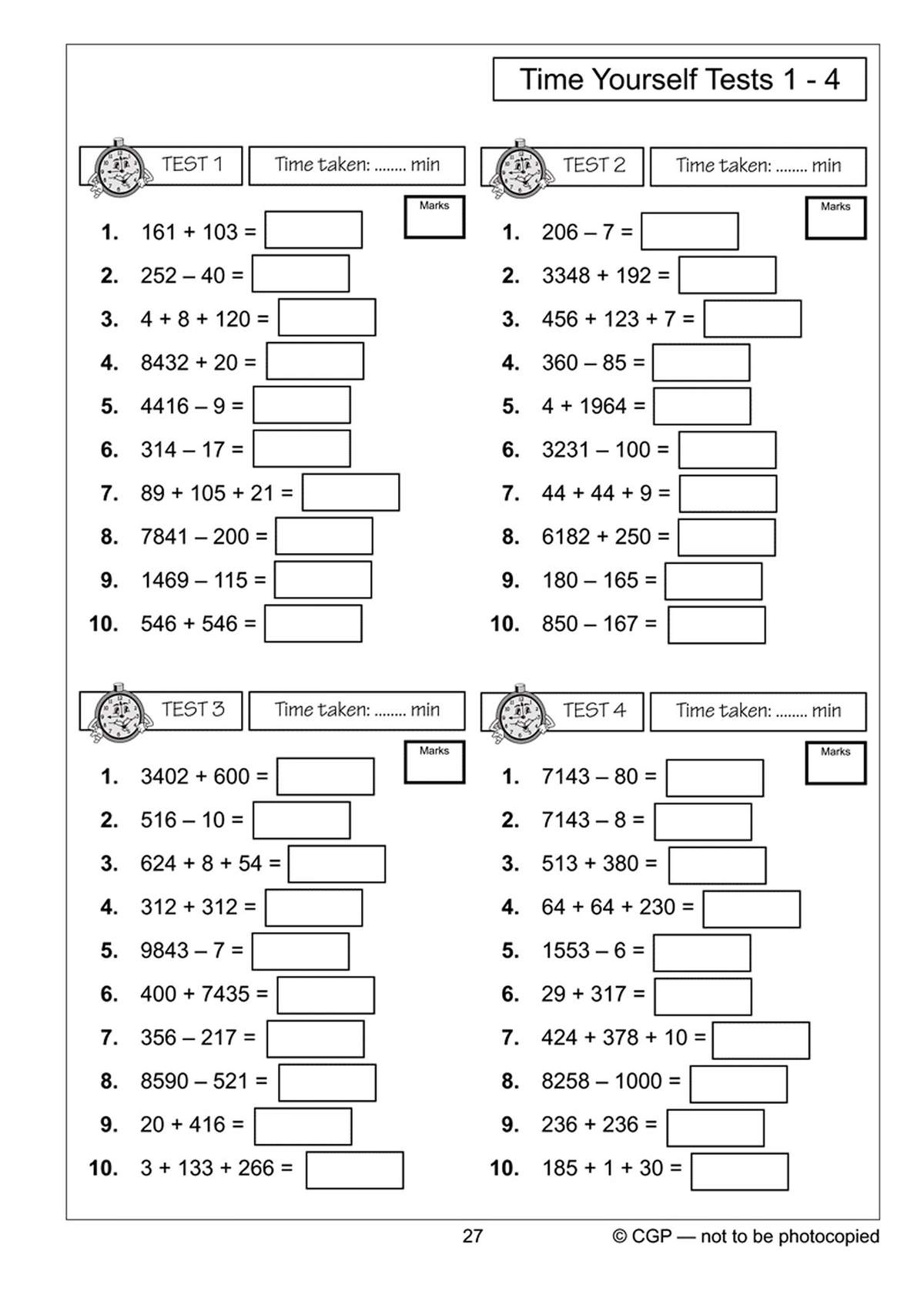 Four timed tests of addition and subtraction, with boxes to write answers and space to record time taken