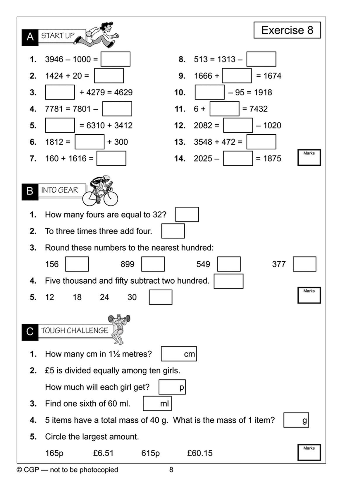 A page of mental maths exercises covering addition, subtraction, multiplication, division, rounding, and money