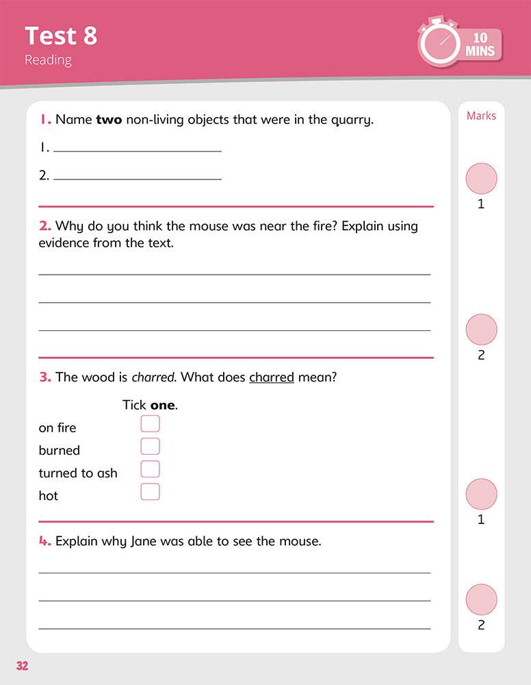 Four reading questions on a quarry scene, including short answers and a vocabulary multiple-choice task