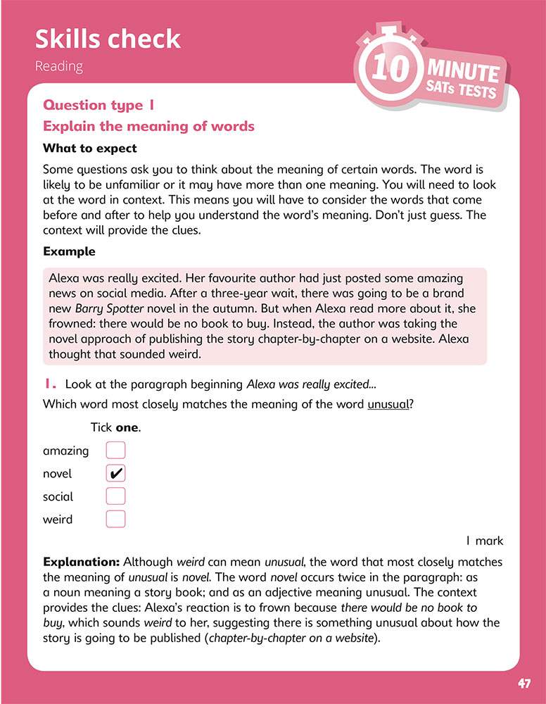 A worked example showing how to find the meaning of 'unusual' in a text, with a multiple-choice question and explanation