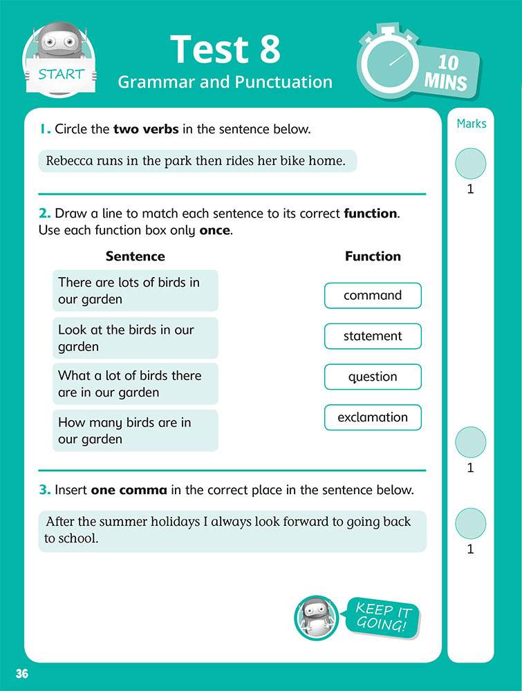 Children circle verbs, match sentences to functions, and insert a comma in a short grammar test