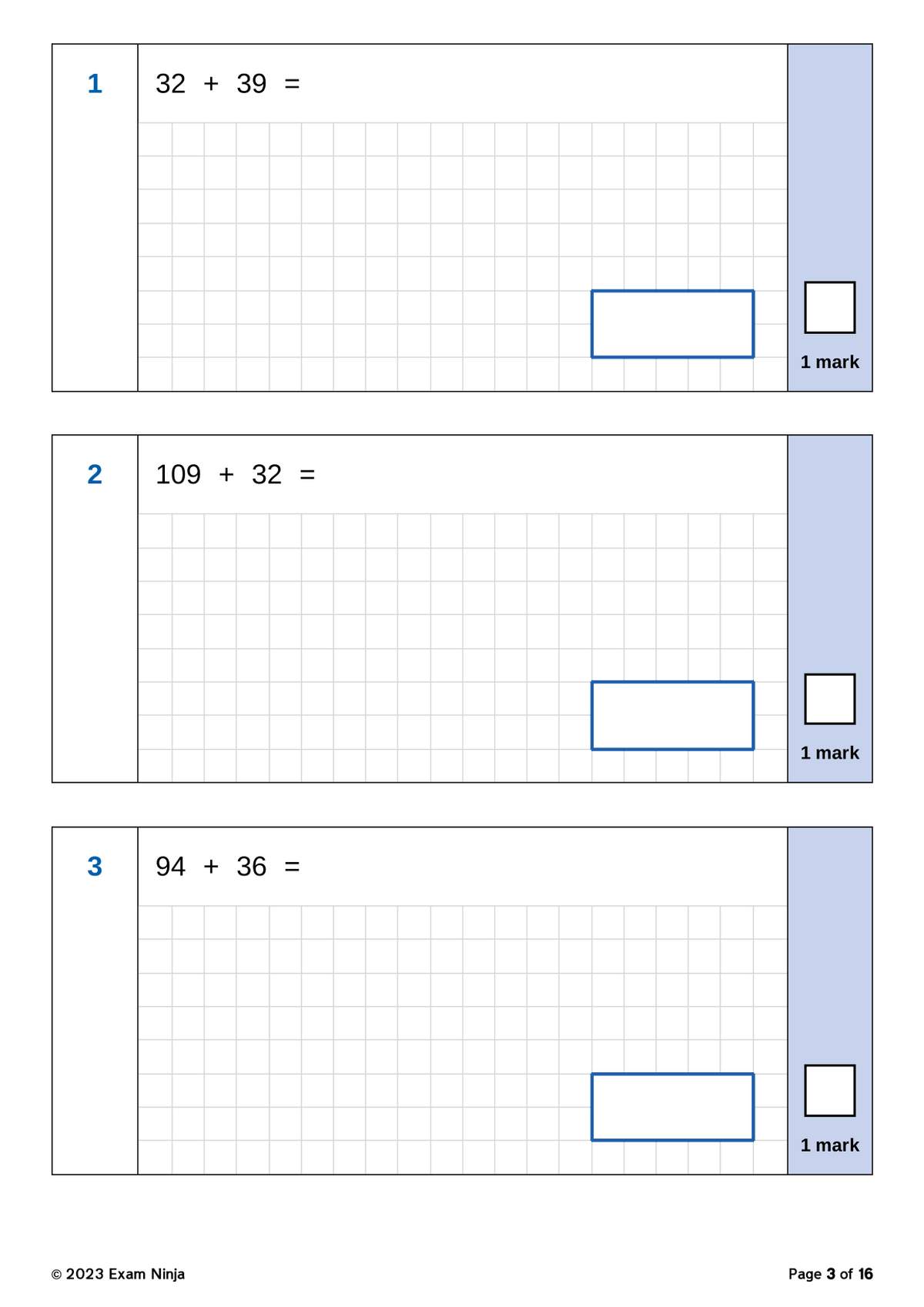 Three addition sums for Year 4, with grid paper for working out and a box for the final answer