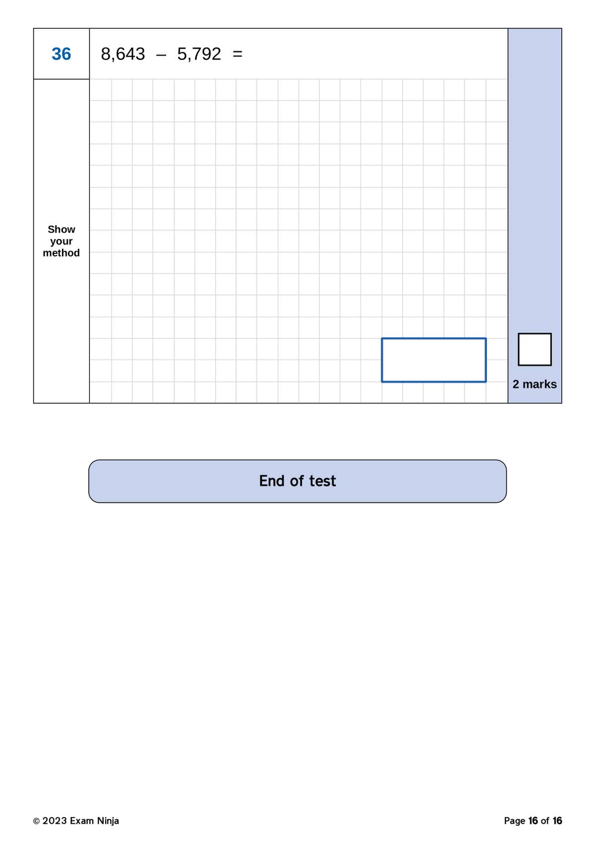 A single four-digit subtraction problem requiring the child to show their working method on a grid