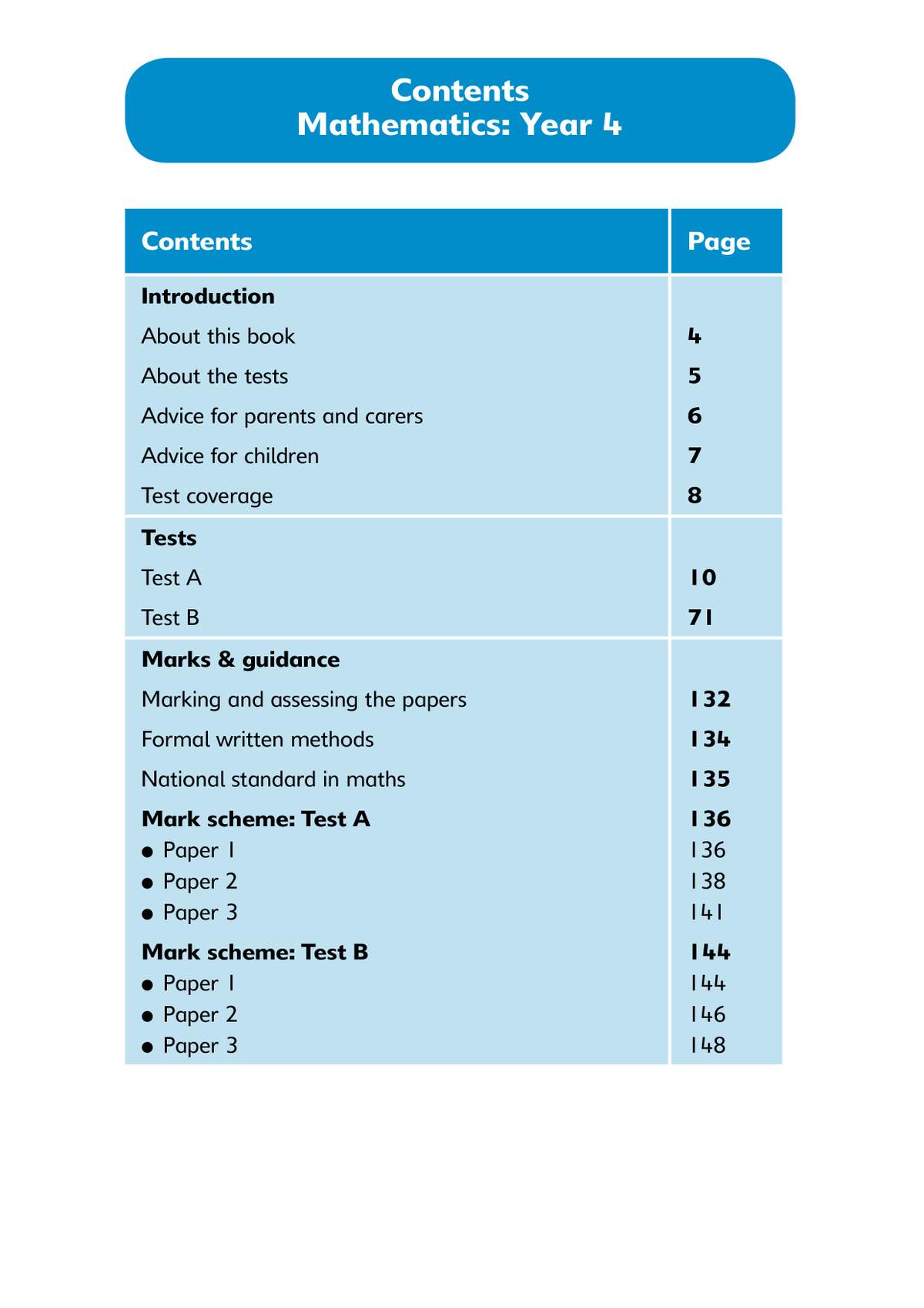 A contents page for Year 4 Maths SATs practice papers, listing sections and test pages with page numbers