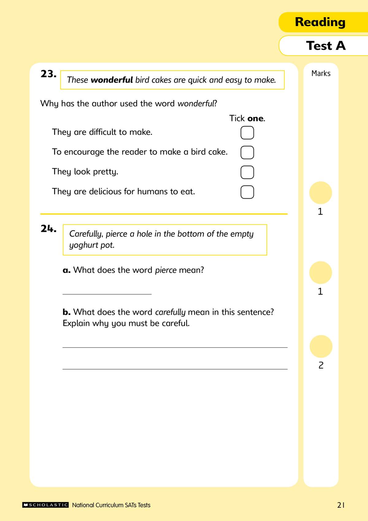 A Year 4 reading test page with a multiple-choice question on word choice and two short-answer questions on vocabulary