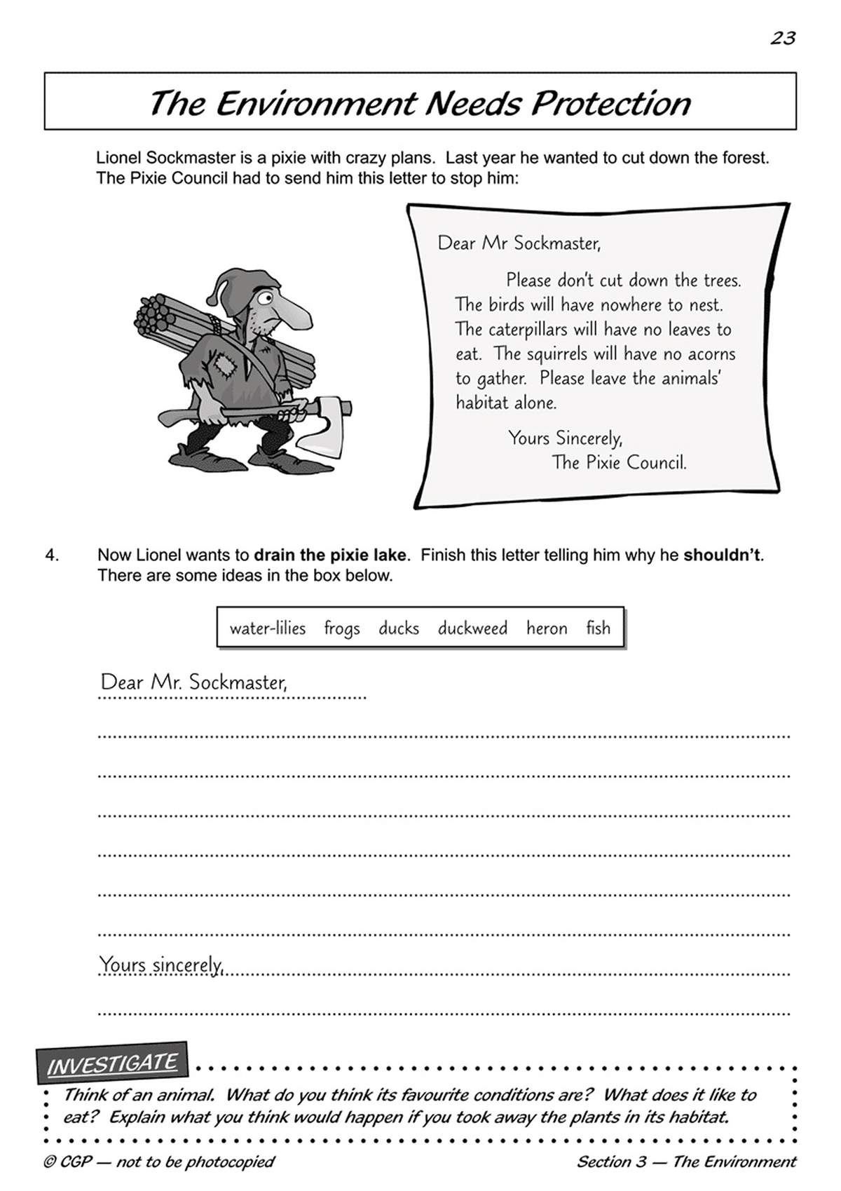 A short story about a pixie threatening a forest, followed by a letter-writing task to stop him using provided vocabulary