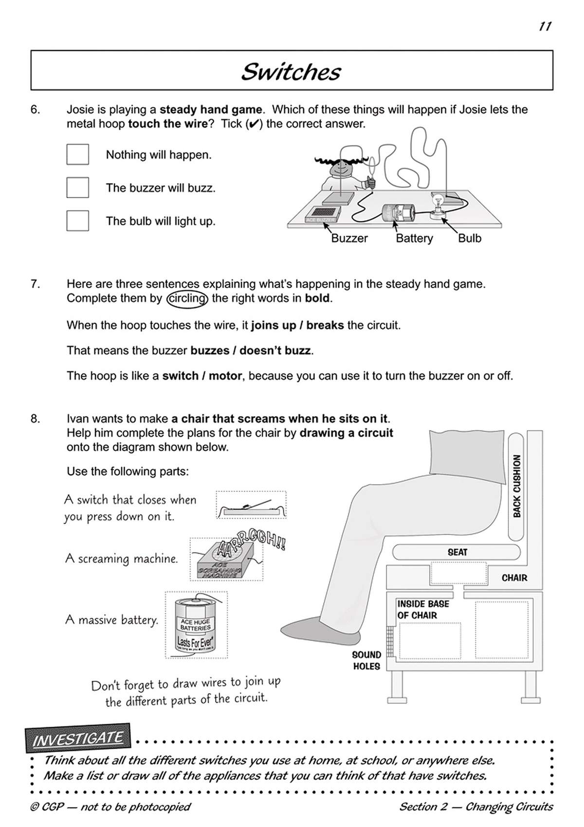 Three questions on switches and circuits, including multiple choice, circling words, and drawing a circuit diagram