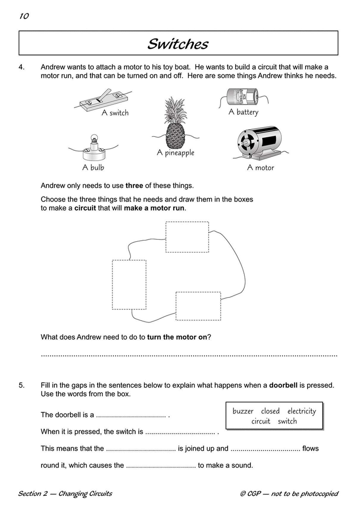 Children select three items to complete a circuit, draw them in boxes, and explain how to turn a motor on