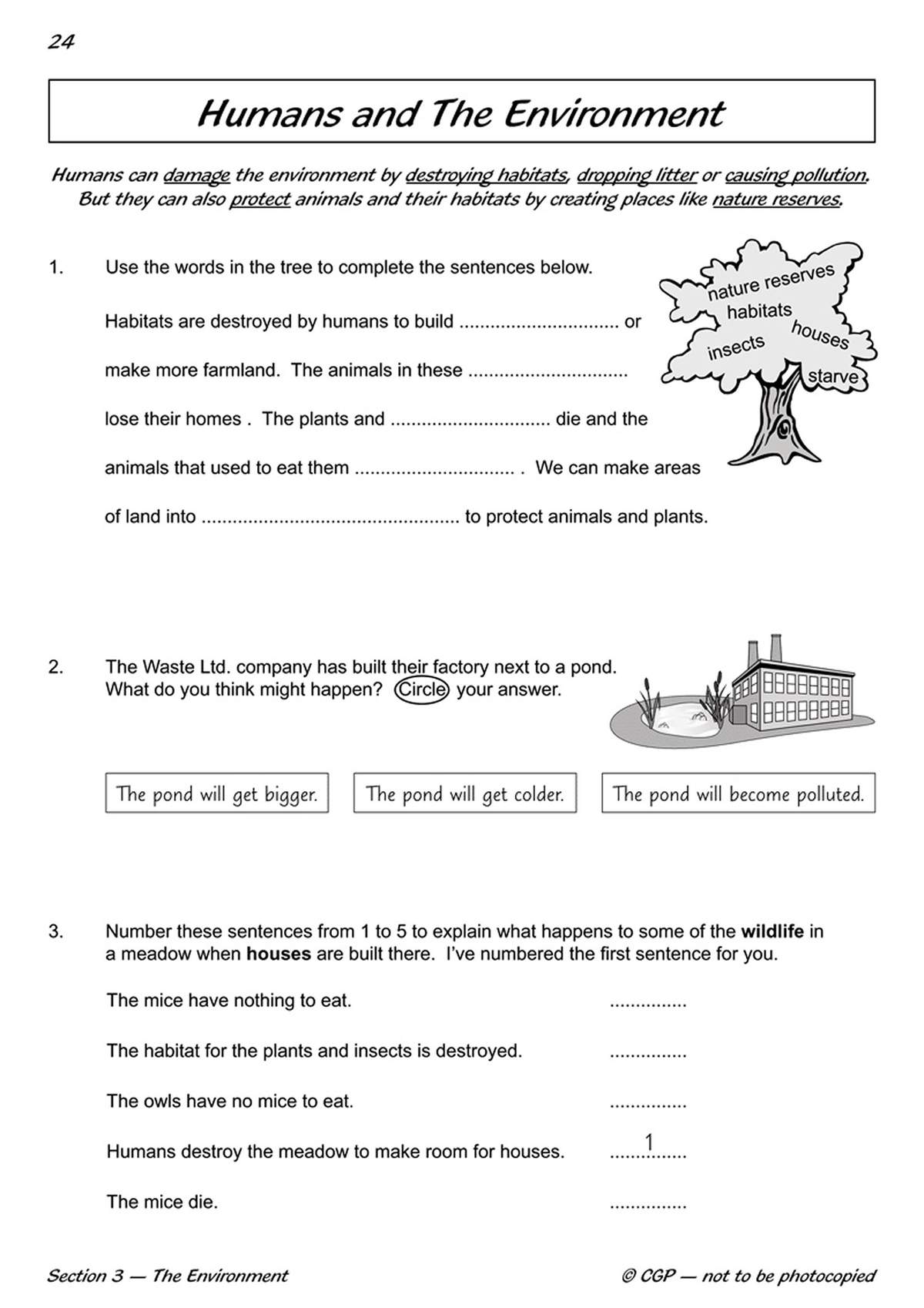 Children fill in sentences about habitat destruction, circle the likely effect of a factory, and order a sequence of events