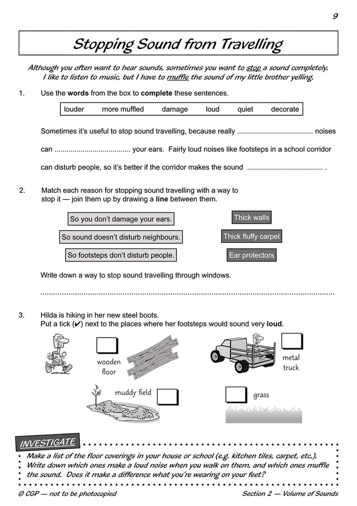 Children complete sentences, match reasons for stopping sound with solutions, and tick surfaces that make loud noises