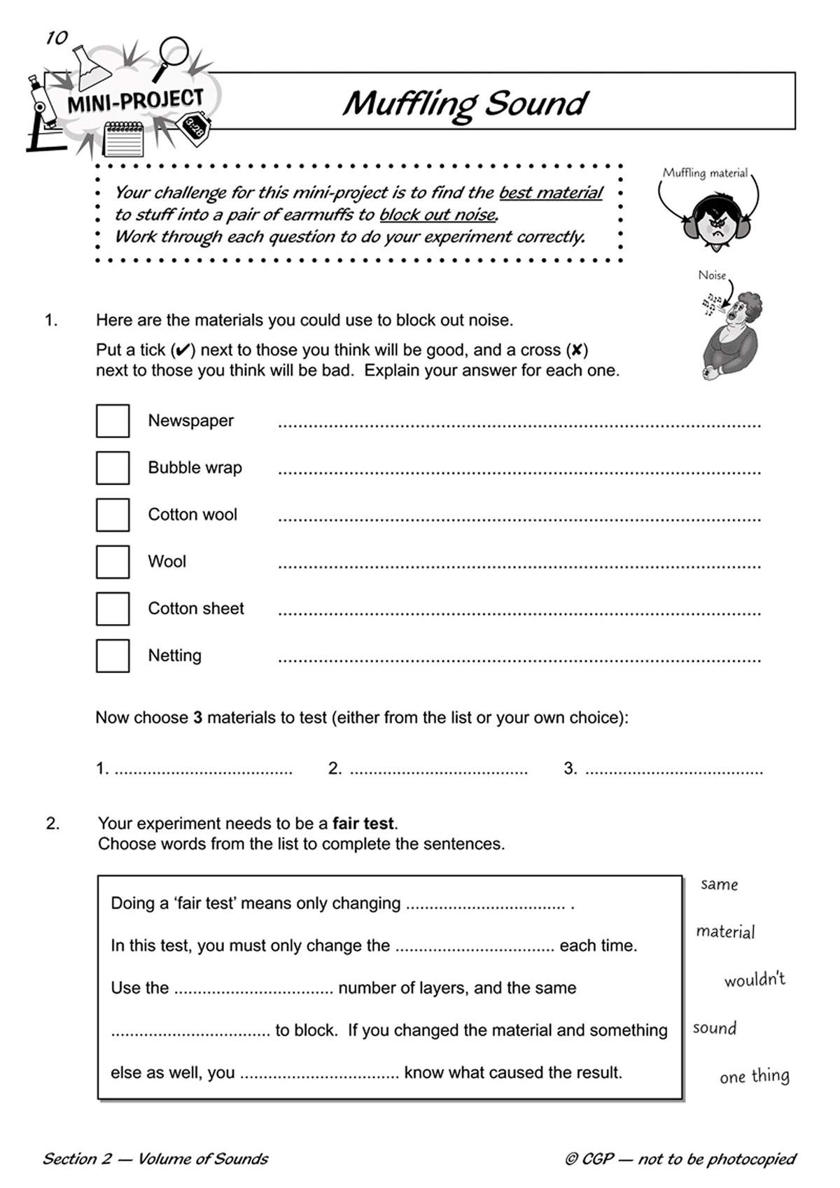 Children tick or cross materials to predict sound-blocking ability, then write explanations and choose three to test in
