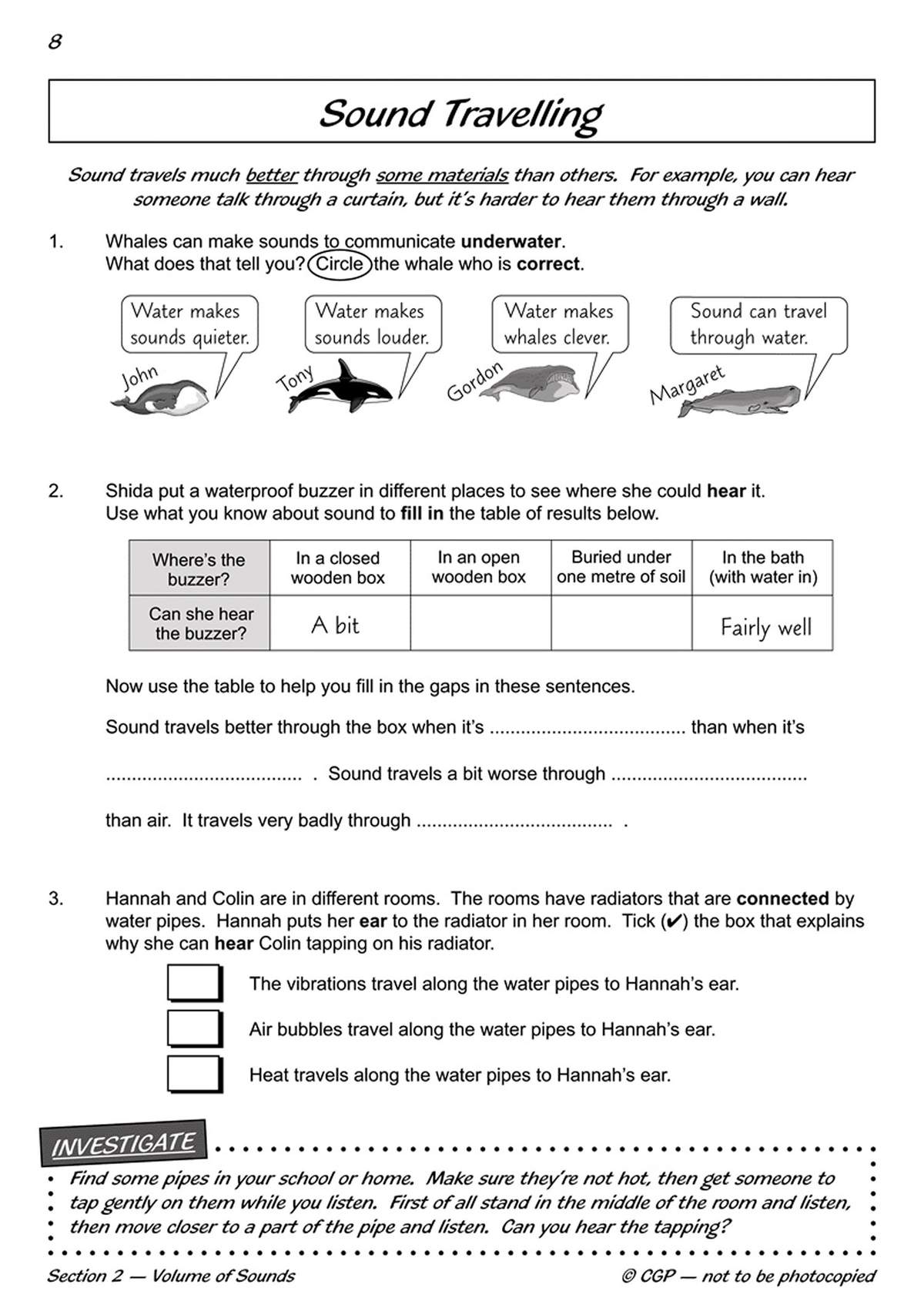 Children circle correct statements about whales, fill in a table about sound in different materials