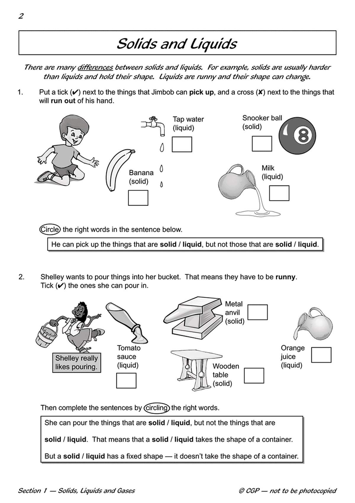 Children tick and circle words to identify solids and liquids, using pictures of everyday objects to reinforce