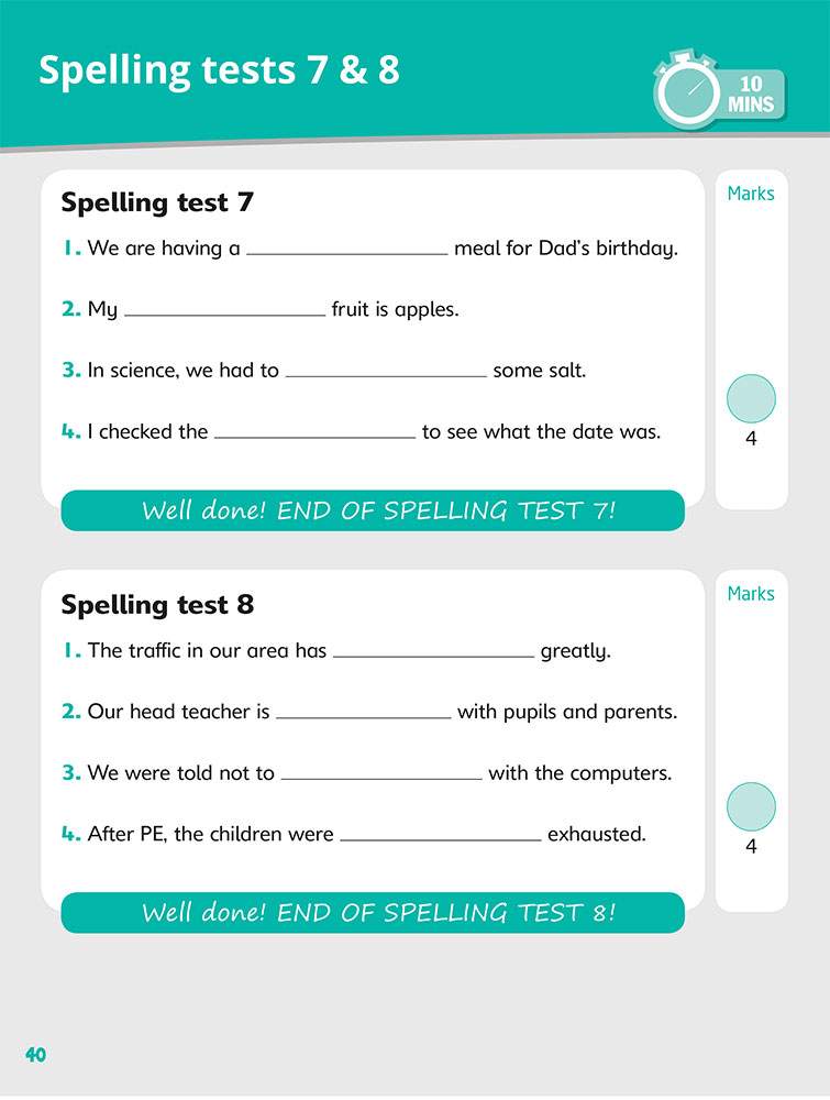 Two short spelling tests with four sentences each, where children fill in missing words to complete the sentences
