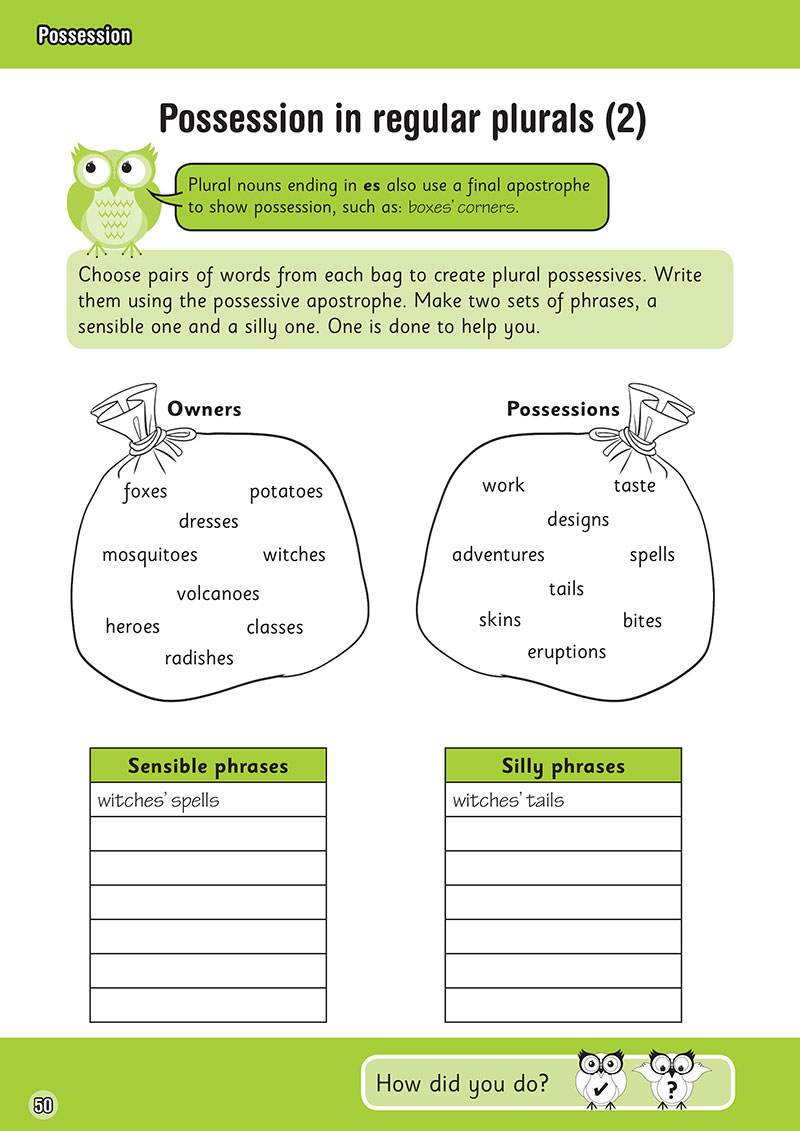 Children match plural nouns to create sensible and silly possessive phrases, writing them in boxes
