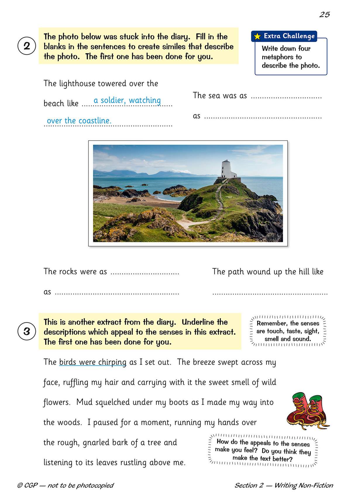Children complete similes based on a lighthouse photo and underline sensory words in a diary extract