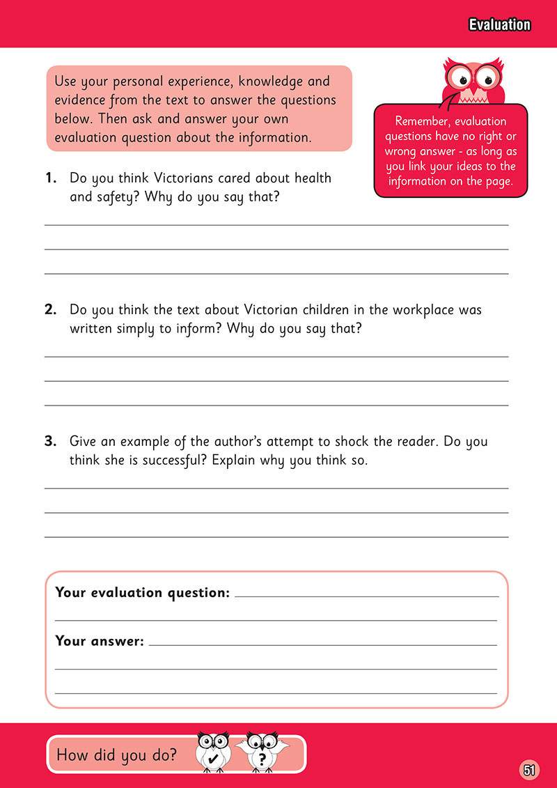 Three evaluation questions ask children to judge the text's purpose and the author's style, with space to write full answers