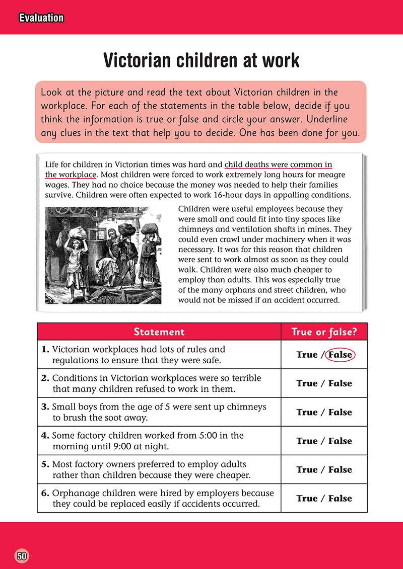 Children read a text about Victorian child labour and decide if six statements are true or false