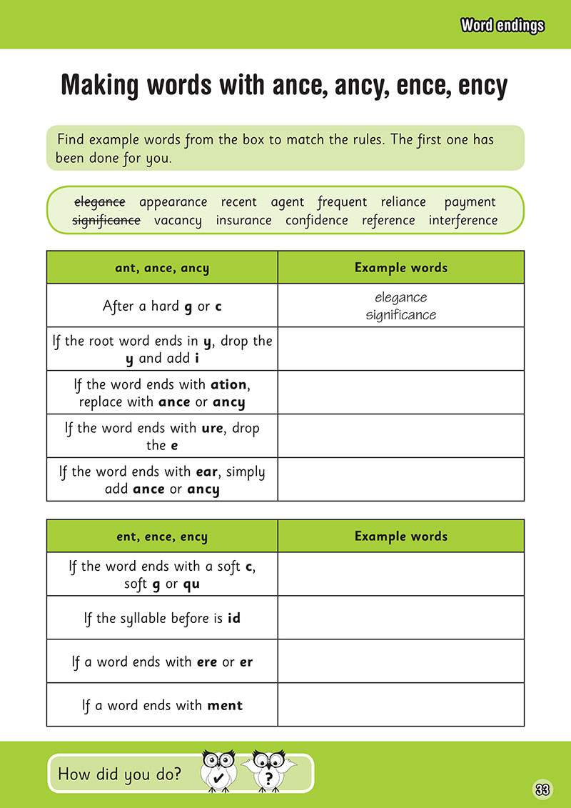 Children match example words to spelling rules in a table, then fill in the blanks to complete the patterns