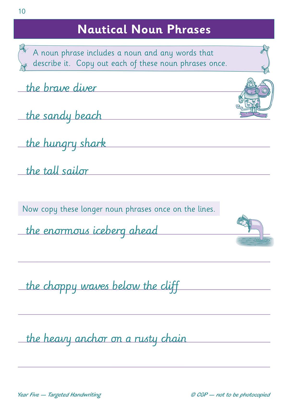 Children copy six nautical noun phrases onto lined spaces to practise joined handwriting