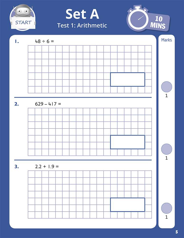 Three timed arithmetic questions on division, subtraction and decimals, with grid boxes for working out answers