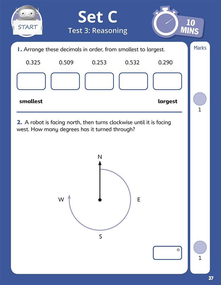 Children order five decimals from smallest to largest and calculate the angle a robot turns through
