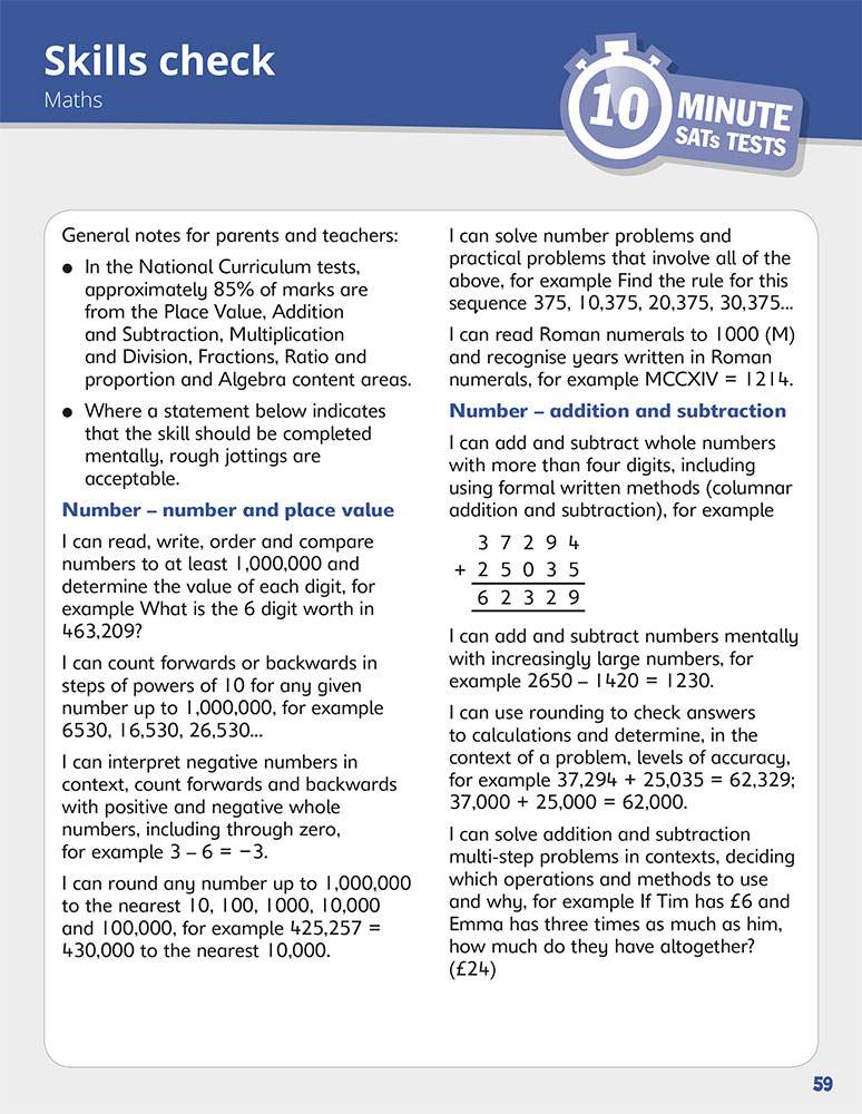 A skills checklist for Year 5 Maths, listing topics like place value and addition with worked examples